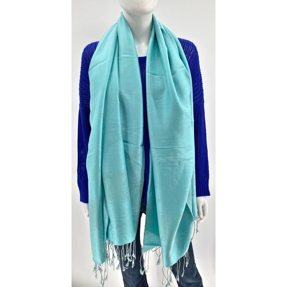 NWT Pashmina Silk Blend Aqua Blue Shawl - Picture 2 of 4